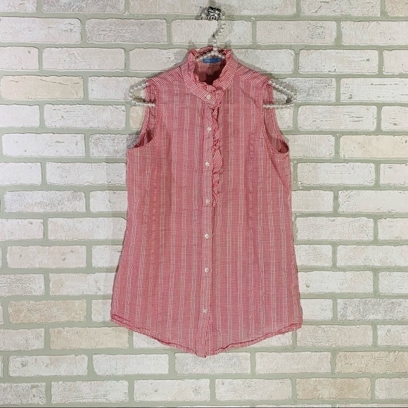 J. McLaughlin Red Plaid Ruffle Front Sleeveless Button Down Shirt Size XS - Picture 1 of 7